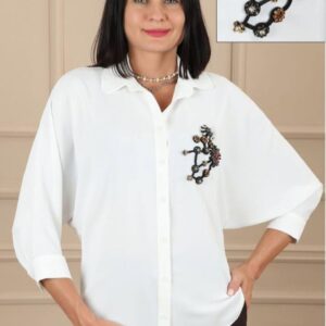 Elegant White Shirt with 3D Floral Embellishment
