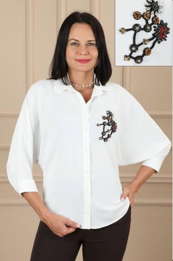 Elegant White Shirt with 3D Floral Embellishment