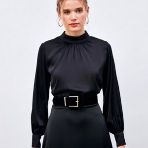 Elegant Black Silk High-Neck Blouse with Puffy Sleeves