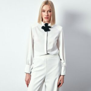 Chic White Shirt with Black Flower Detail